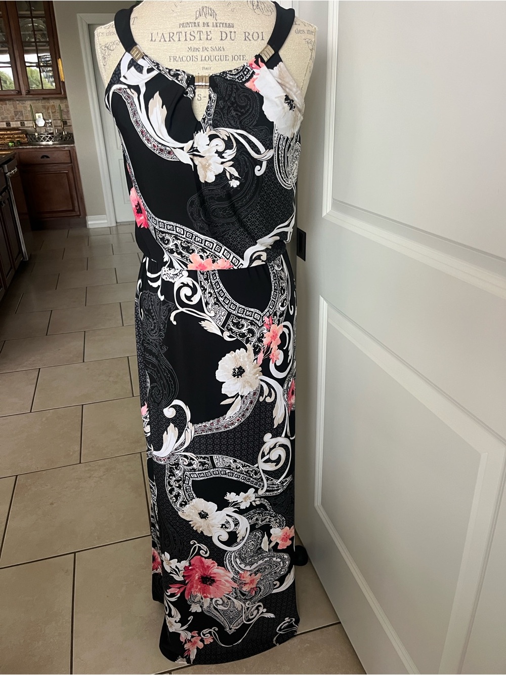 EUC White House Black Market black sleeveless maxi dress pink & white flowers S - Picture 7 of 7